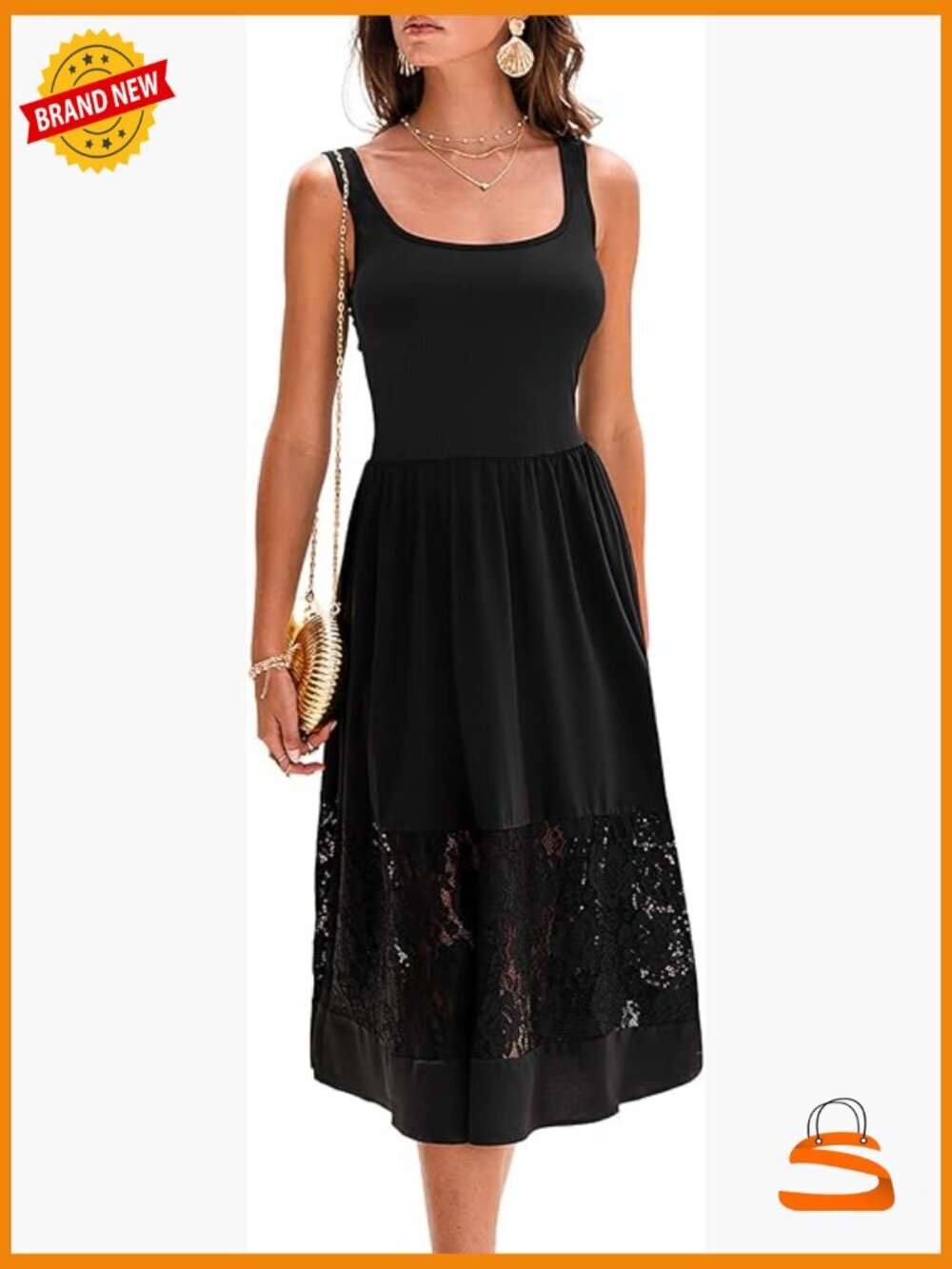 Square Neck Lace Sleeveless Midi Summer Dress Cocktail Wedding Guest